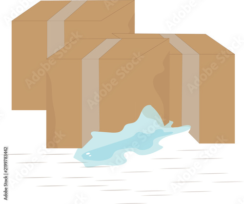 Water damaged cardboard shipping boxes with puddle on floor illustration representing warehouse delivery loss and logistics package claims
