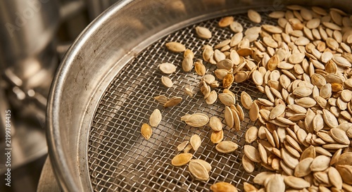 Raw pumpkin seeds sitting inside a shiny metal sieve with mesh screen
