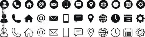 Business contact and Communication pictograms. Phone, email and location sign. Internet, calendar and settings pictogram for business website, contact page, resume and interface design.