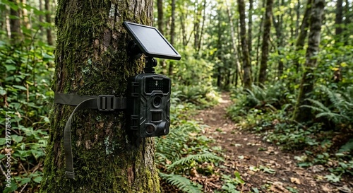 Trail camera mounted on a mossy tree in a lush green forest path facing a wildlife trail