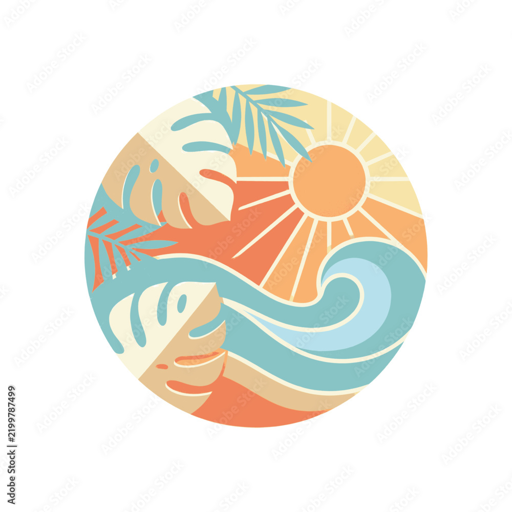 Obraz premium Stylized illustration of a tropical beach scene with a sun, wave, and palm leaves in a circle.