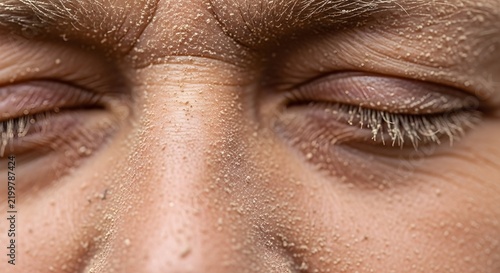 Close Up of Human Eyes Covered in Sand Dust and Grime in Dry Arid Desert Environment