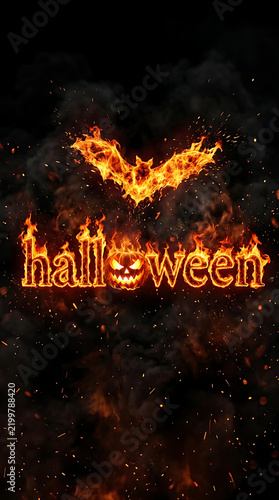 Fiery Halloween Typography with Burning Bat Wings on Dark Background Spooky Horror Celebration Concept