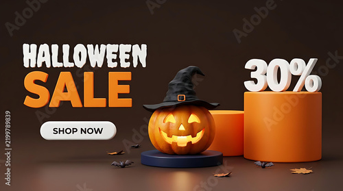 Halloween Sale Banner with Glowing Jack O Lantern Pumpkin and Thirty Percent Discount Promotion