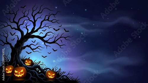 Spooky Halloween Pumpkins Under Haunted Tree with Moonlit Night Sky and Copy Space