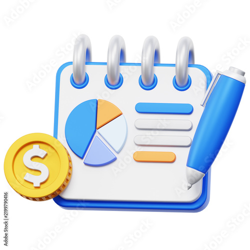 3D Business Planning Notebook with Pie Chart, Checklist, Pen, and Gold Coin