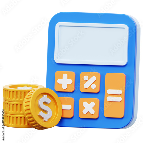 3D Blue Calculator with Mathematical Buttons and Gold Coins for Financial Calculations