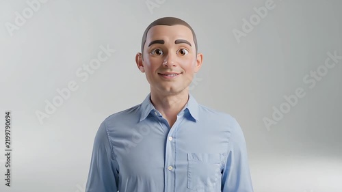 Portrait of a Realistic Humanoid Robot Featuring a Friendly Expressive Face and Blue Shirt Isolated on a Clean Neutral Studio Background