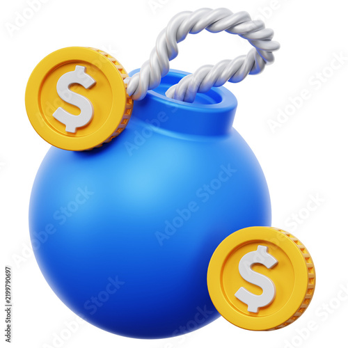 3D Blue Money Bag with Rope Closure and Floating Gold Dollar Coins