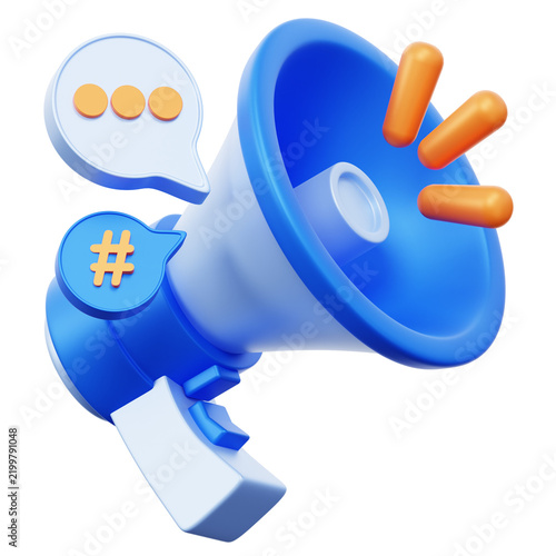 3D Blue Megaphone with Hashtag Symbol and Speech Bubble for Digital Marketing Communication