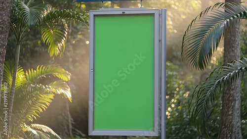 Blank Vertical Green Screen Billboard Mockup in a Lush Tropical Forest with Sunlight