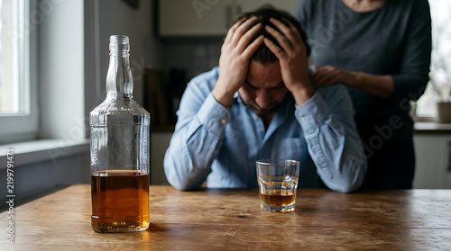 Depressed Man Struggling With Alcohol Addiction and Emotional Stress Receiving Support at Home