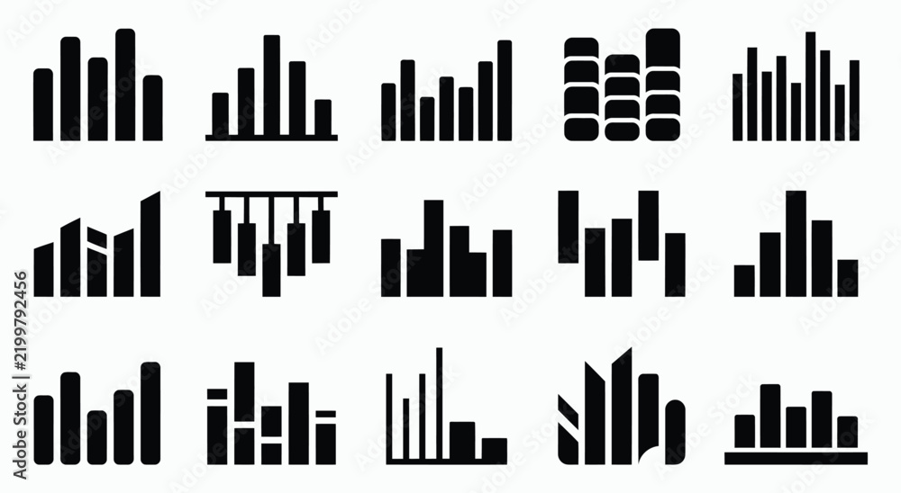 Obraz premium A comprehensive vector illustration set featuring various black bar chart designs for data analysis and business reporting