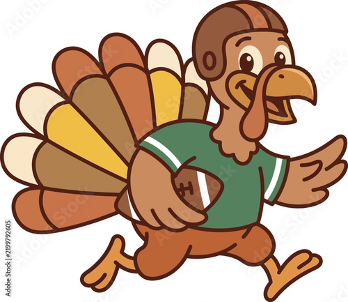 Cartoon turkey playing football on a green field