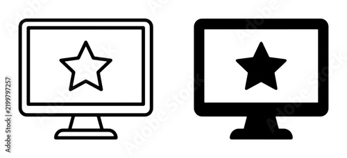 Computer Monitor with Star Icon, Vector Graphics Set: Outline and Solid Fill, Digital Display, User Interface Elements