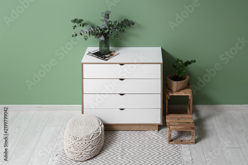 Magazines and vase with eucalyptus twigs on chest of drawers near green wall ...