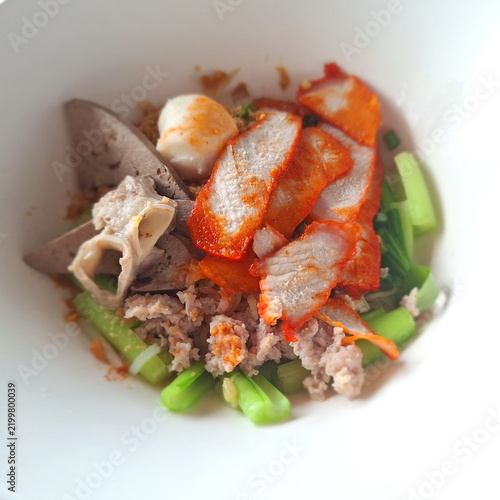 Thai Red Pork Noodle Toppings Bowl Close-up