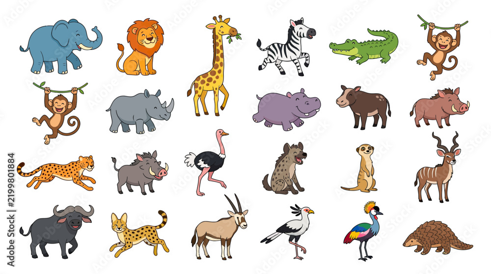 Obraz premium Cute Cartoon African Safari Animals Collection