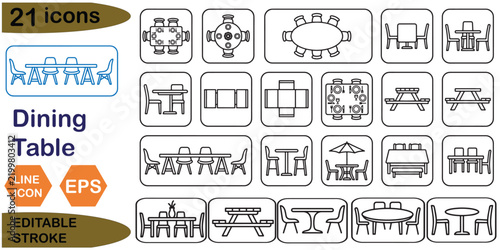 Dining Table Icon Set Black Line Vector
