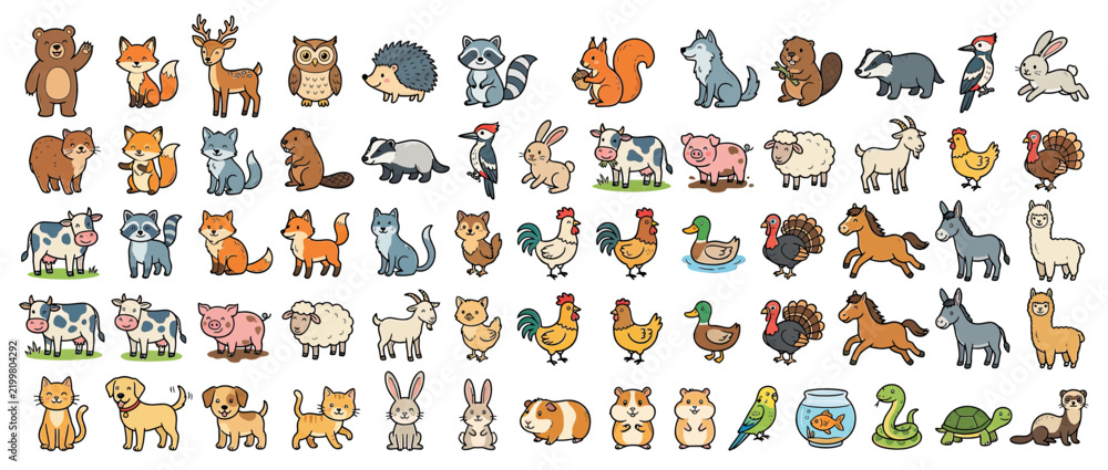 Fototapeta premium Cute Cartoon Animal Collection Isolated on Transparent Background