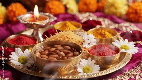 Celebration of Bhai Dooj featuring an Ornate Pooja Thali and Raksha Bandhan Elements