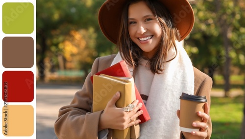 Education and student lifestyle, happy young woman holding books and coffee c...