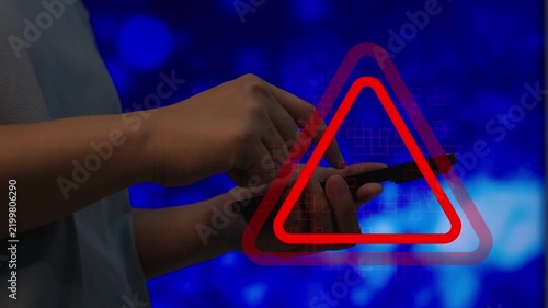 Cybersecurity warning alert over person using smartphone, mobile security risk, cyber threat, online fraud, data breach, phishing attack and digital privacy protection concept.