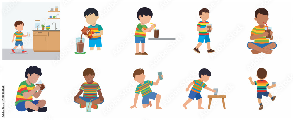 Fototapeta premium Vector illustration set of a young boy in various activities drinking chocolate milk, pouring milk from a carton, and sitting with a glass