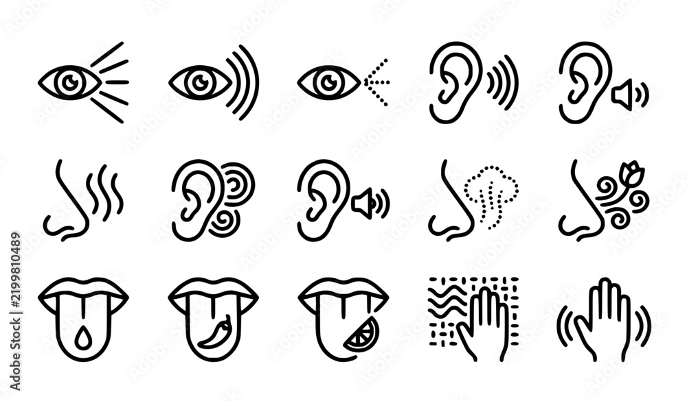 Obraz premium Human Sensory Perception Five Senses Editable Stroke Line Icon Vector Set
