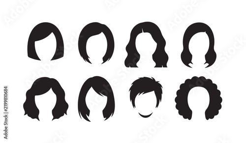 Classic female haircut silhouettes in black for versatile profile icons and hairdressing salon service branding.