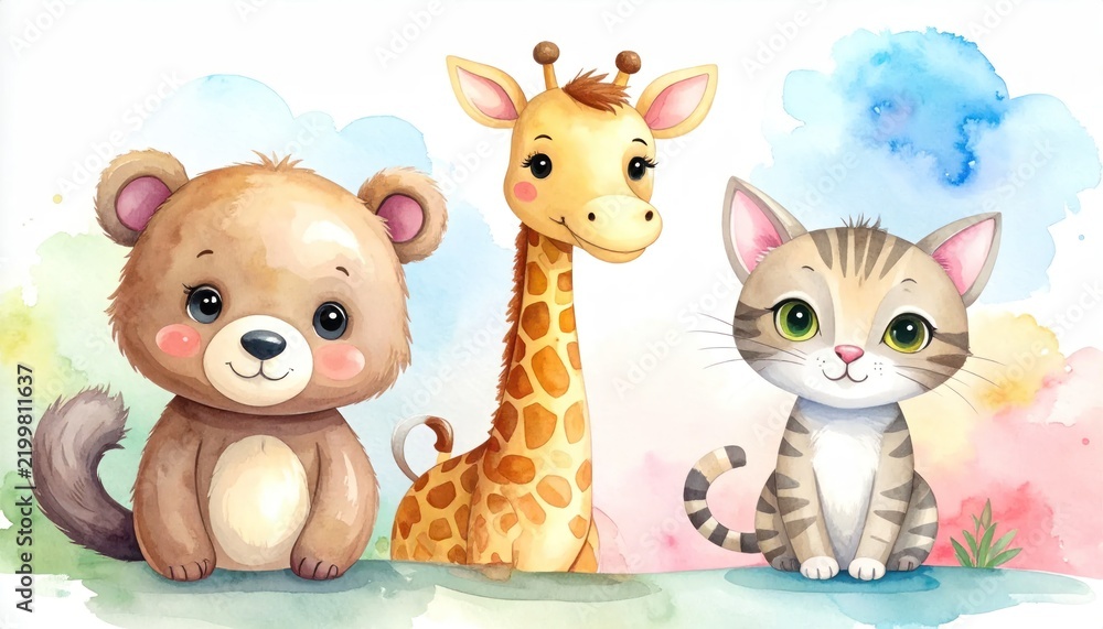 Obraz premium Watercolor Animals - A Charming Trio of Bear, Giraffe, and Cat.