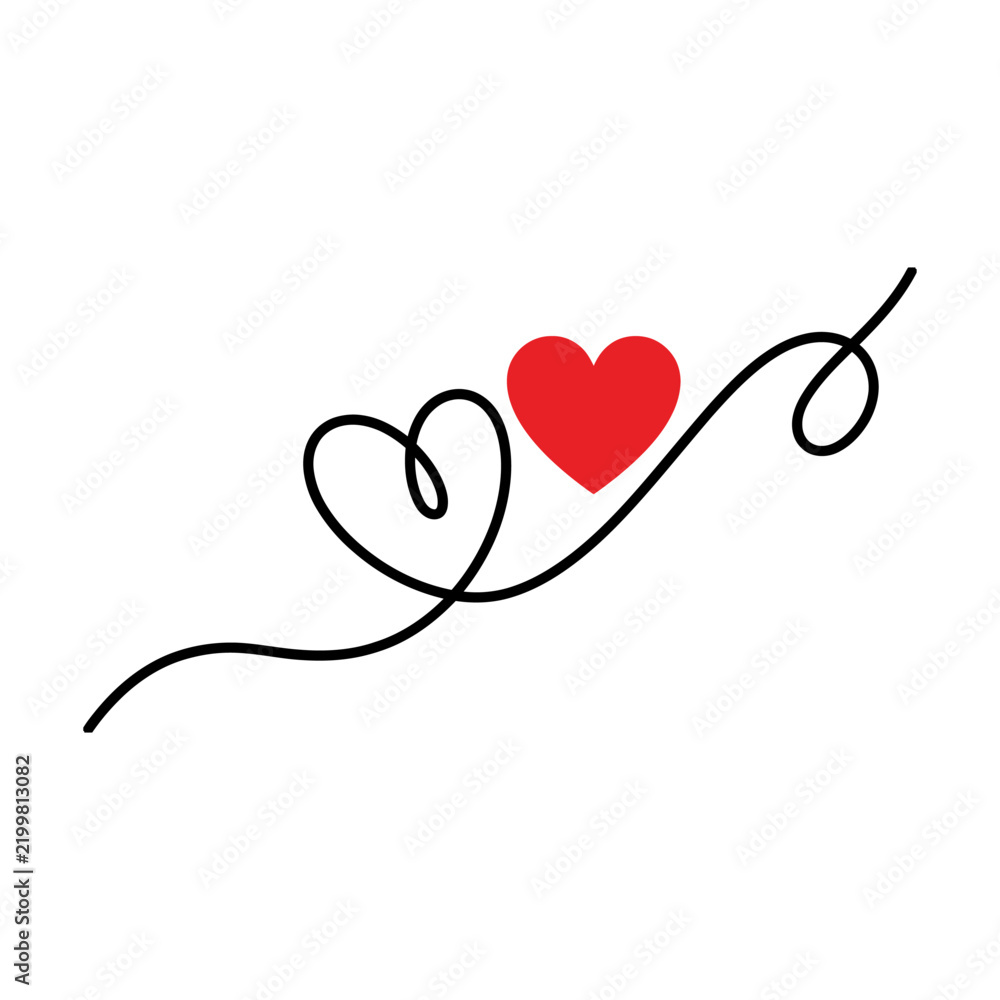 Fototapeta premium Minimalist continuous line art drawing of a heart shape with a red heart icon for romantic love and valentines day design Vector