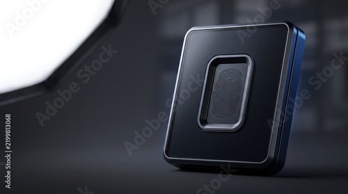 Sleek black rectangular electronic device on dark background with high tech