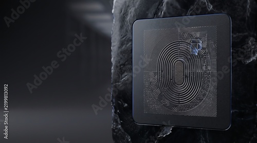 Black square computing module with intricate electronic patterns
