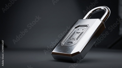Chrome plated secure padlock standing on a dark surface with metal lock
