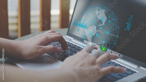 Business professional using laptop with marketing research dashboard, analyzing digital data, market trends and global analytics for business strategy, online research and data driven decisions.