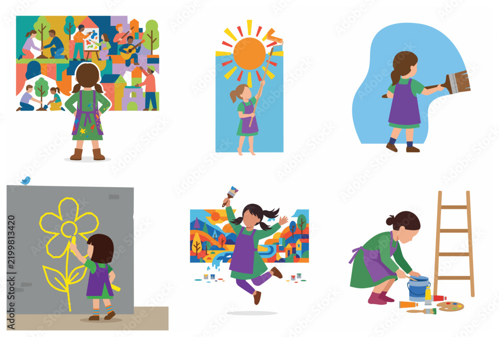 Fototapeta premium Creative Young Girl Artist Painting Colorful Murals and Illustrations Set