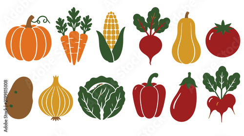 Set of Stylized Autumn Harvest Vegetables and Root Crops Vector Illustration
