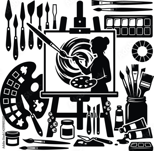 Artist painting at an easel with art supplies