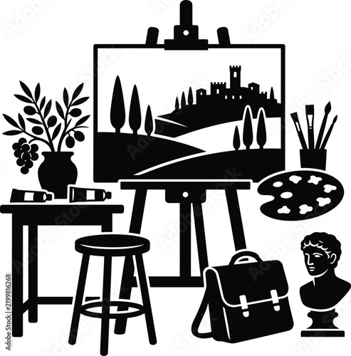Artist workspace with easel and painting supplies
