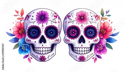 Two colorful Mexican sugar skulls with flowers on white background