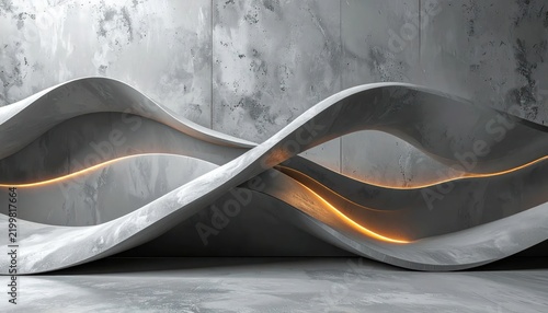 Abstract curved concrete architecture with glowing amber light