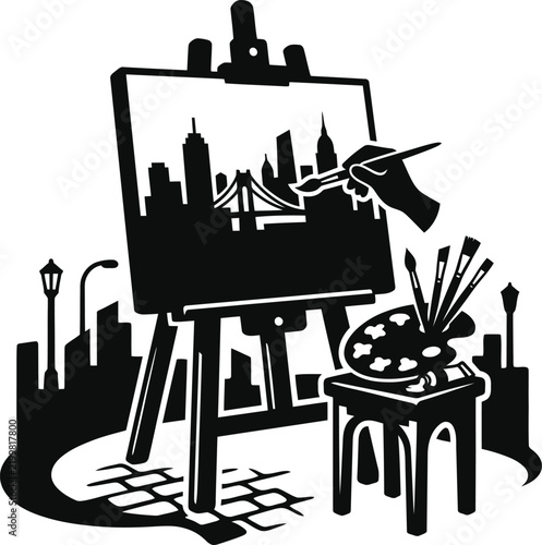 Artist painting city skyline on an easel