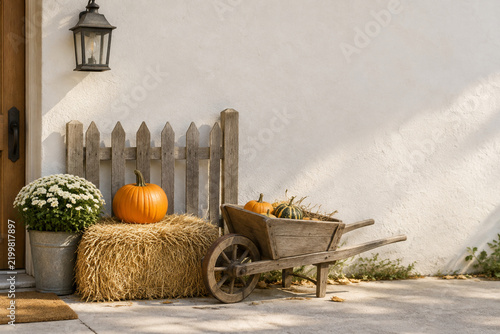 Rustic doorstep pumpkin patch display with hay bale and wheelbarrow, fall farm visit decor