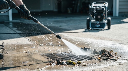 Pressure washing a storm drain on a concrete driveway