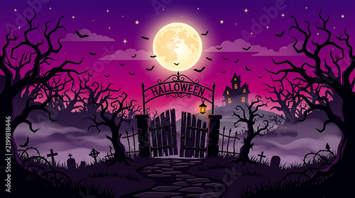 Spooky halloween pixel art landscape with a scary gate full moon and a haunted house in the background under a purple night sky for a retro video game theme