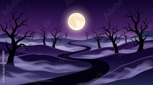 Pixel art landscape with a winding path through a dark forest under a full moon in a purple night sky
