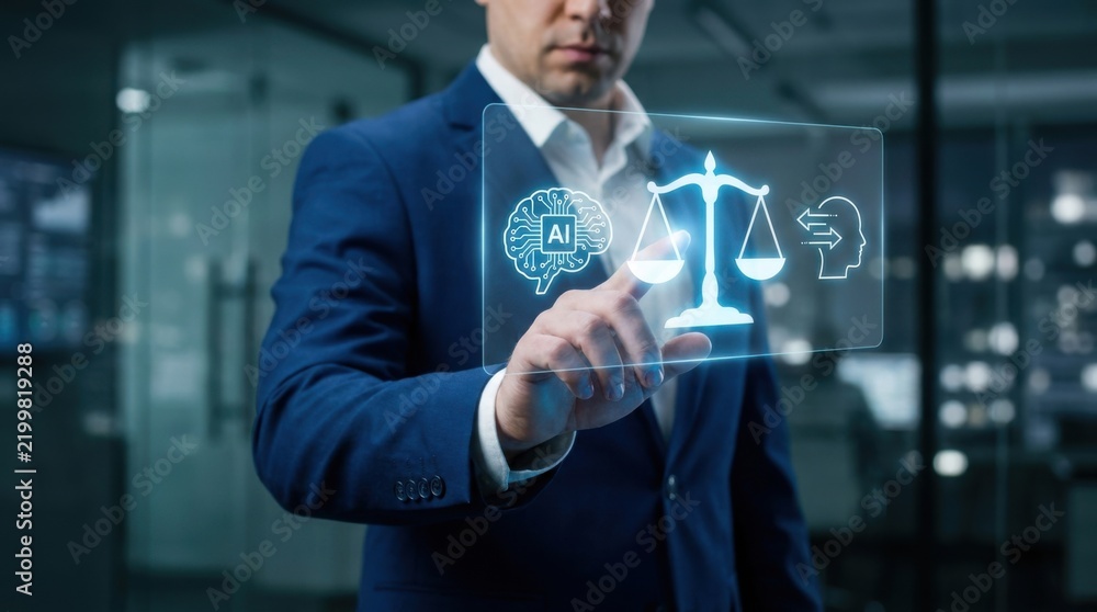 Obraz premium Businessman interacting with digital ai and justice scale interface
