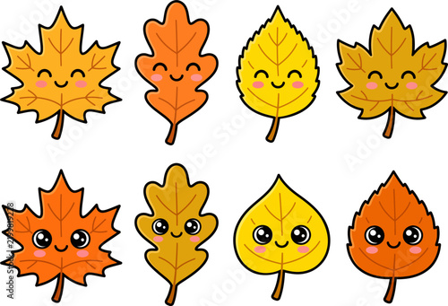 Cute kawaii autumn leaves cartoon vector icons set