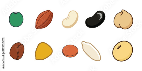 Set of ten colorful hand drawn vector illustrations of various legumes and grains for healthy eating with plant based vegan diet raw food illustration pantry staples legume variety soybeans